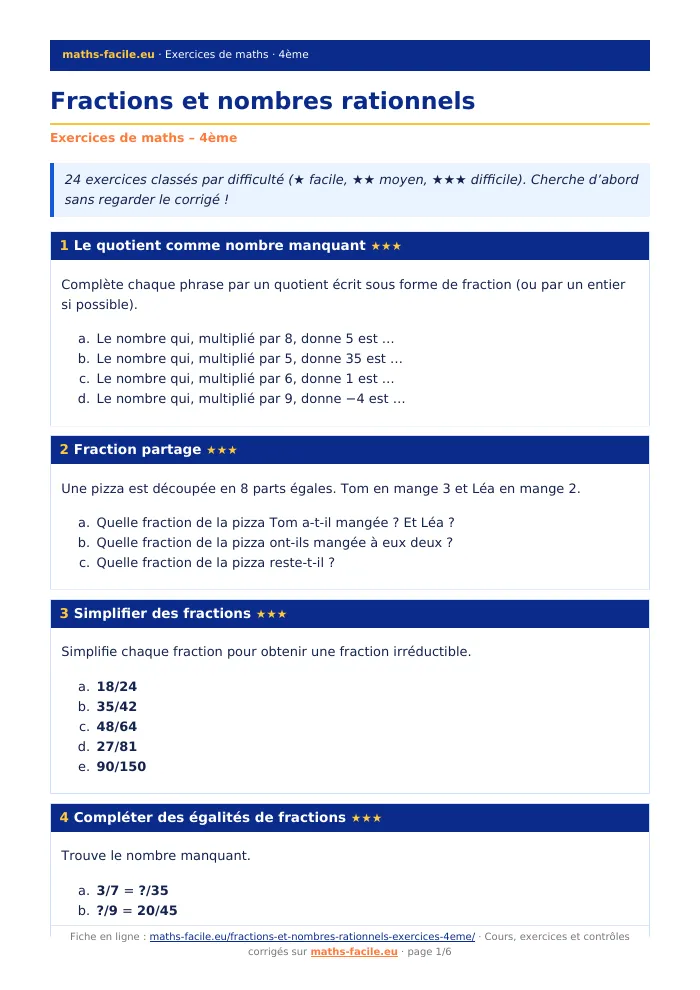 Fiche PDF : Fractions et nombres rationnels (4ème)