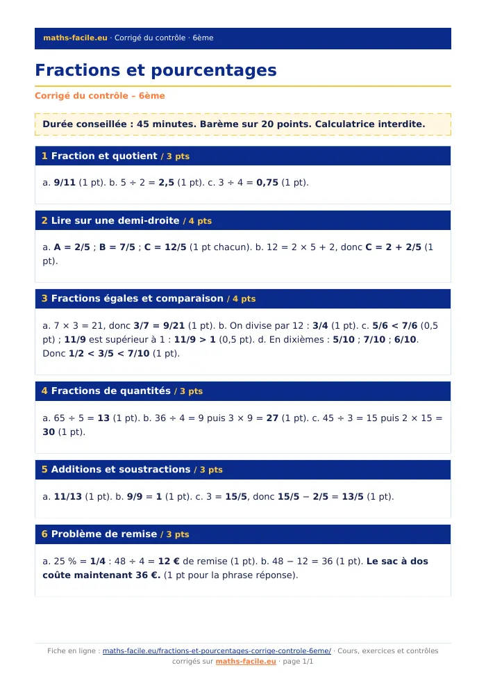 Fiche PDF : Fractions et pourcentages (6ème)