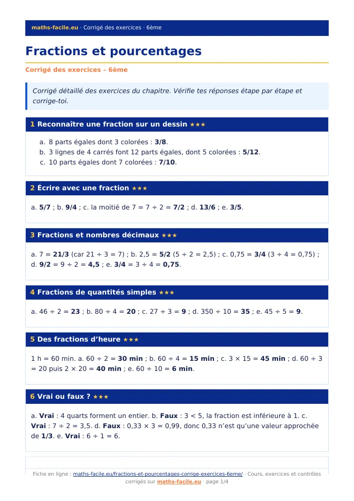 Fiche PDF : Fractions et pourcentages (6ème)