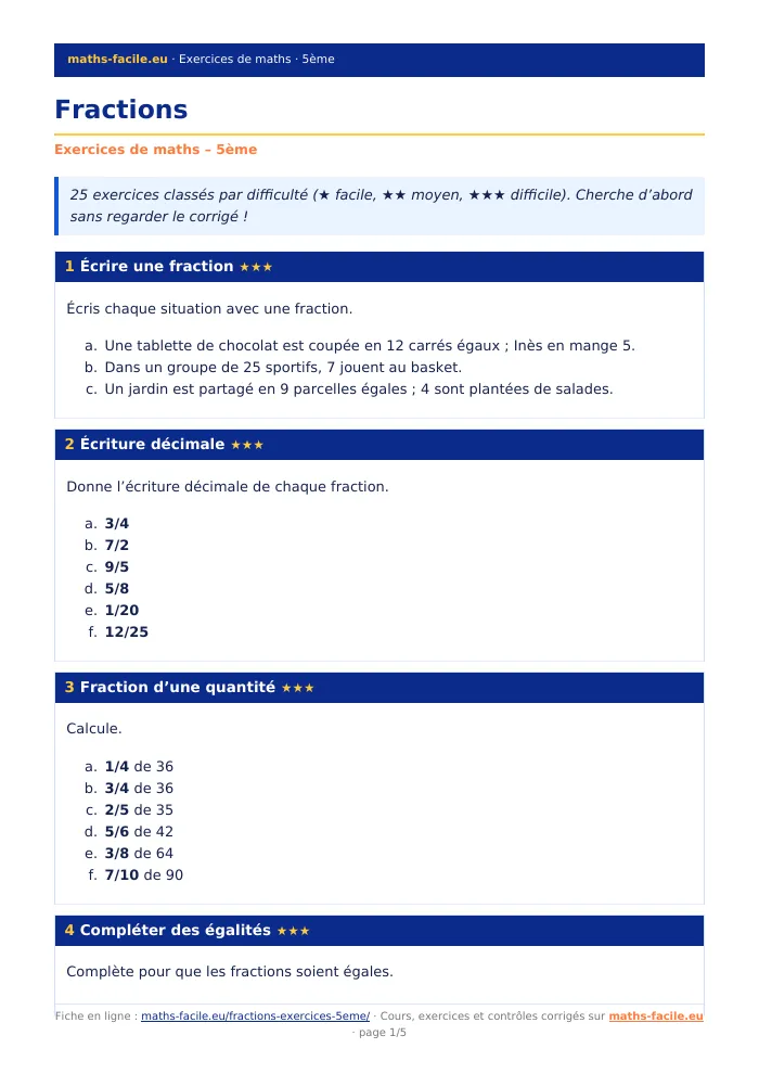 Fiche PDF : Fractions (5ème)