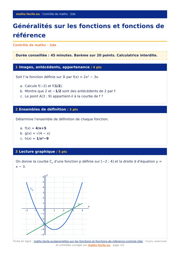 Fiche PDF : Généralités sur les fonctions et fonctions de référence (2de)
