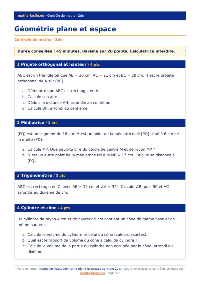 Fiche PDF : Géométrie plane et espace (2de)