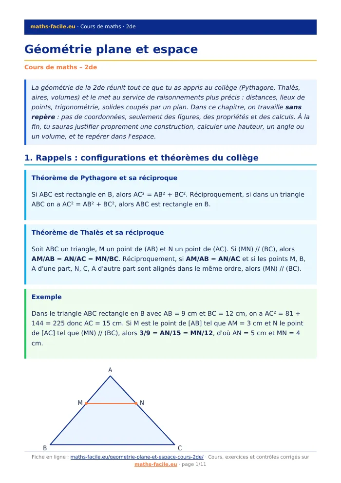 Fiche PDF : Géométrie plane et espace (2de)