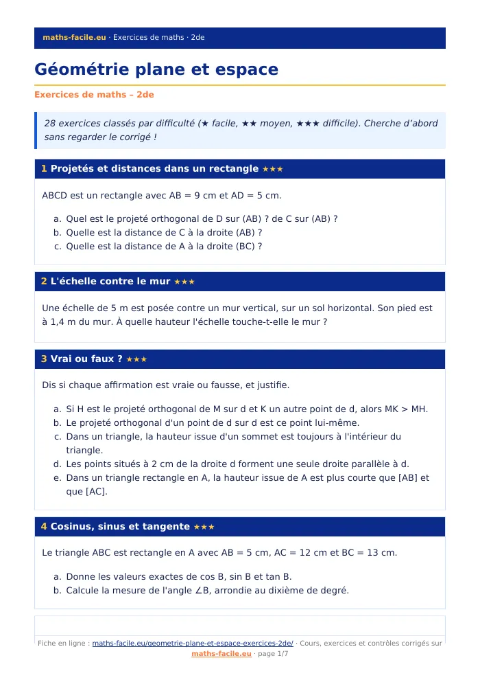 Fiche PDF : Géométrie plane et espace (2de)