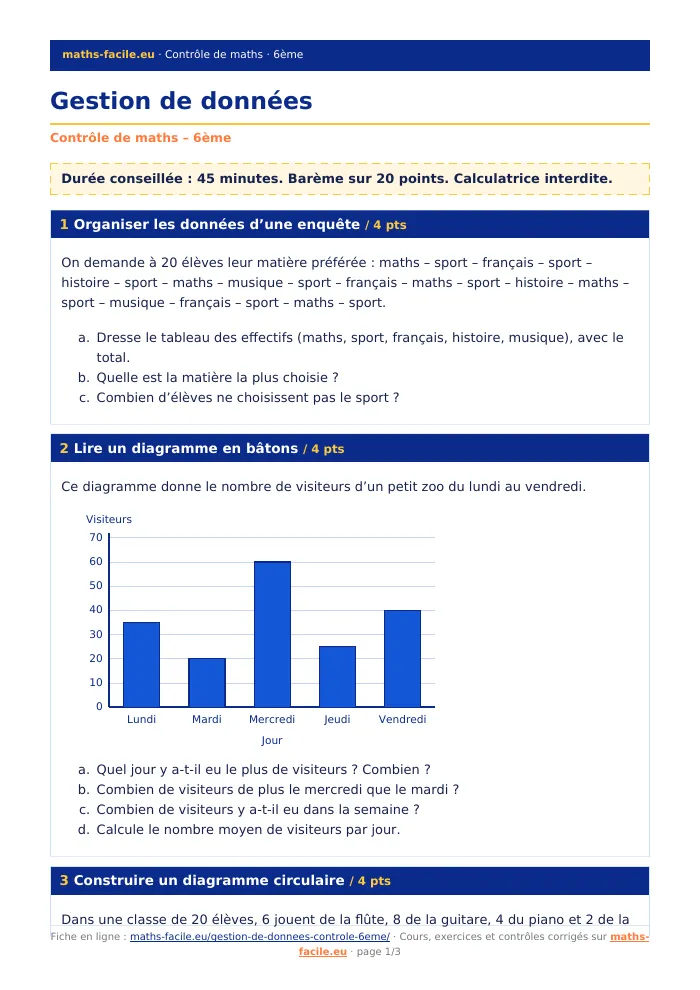 Fiche PDF : Gestion de données (6ème)