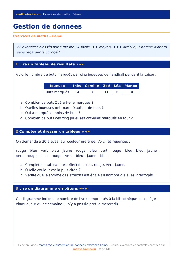 Fiche PDF : Gestion de données (6ème)