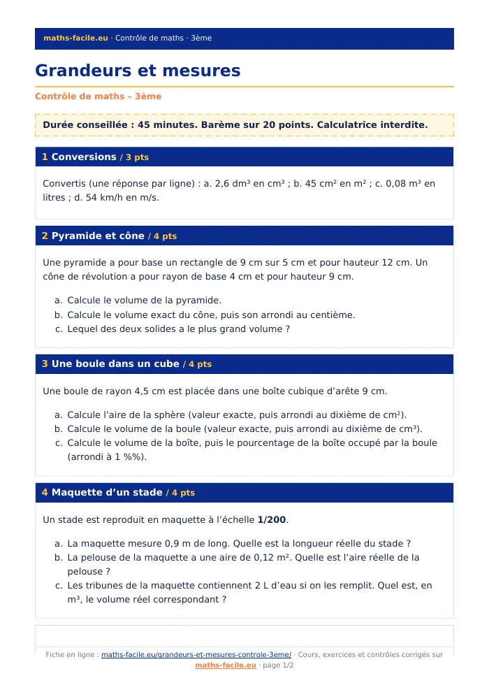Fiche PDF : Grandeurs et mesures (3ème)