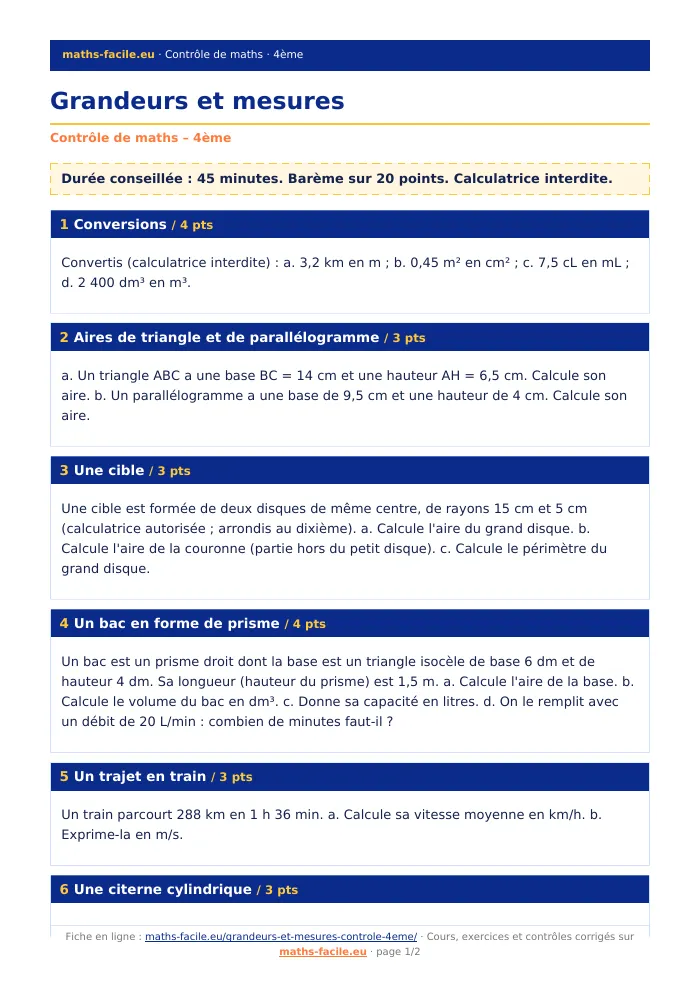 Fiche PDF : Grandeurs et mesures (4ème)