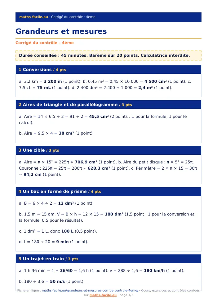 Fiche PDF : Grandeurs et mesures (4ème)