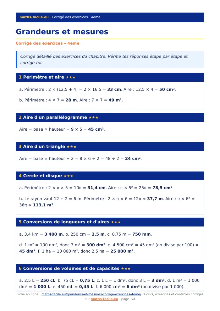 Fiche PDF : Grandeurs et mesures (4ème)