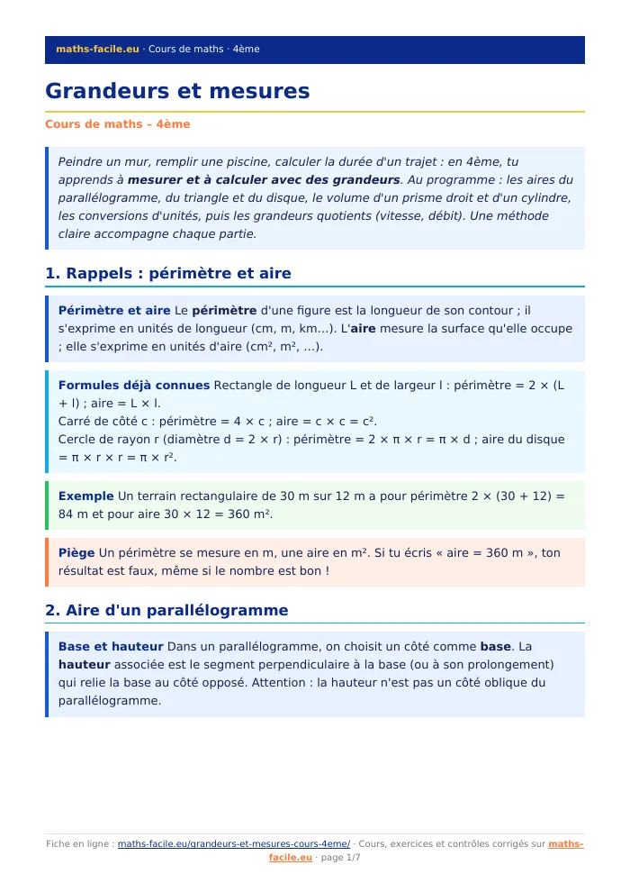 Fiche PDF : Grandeurs et mesures (4ème)