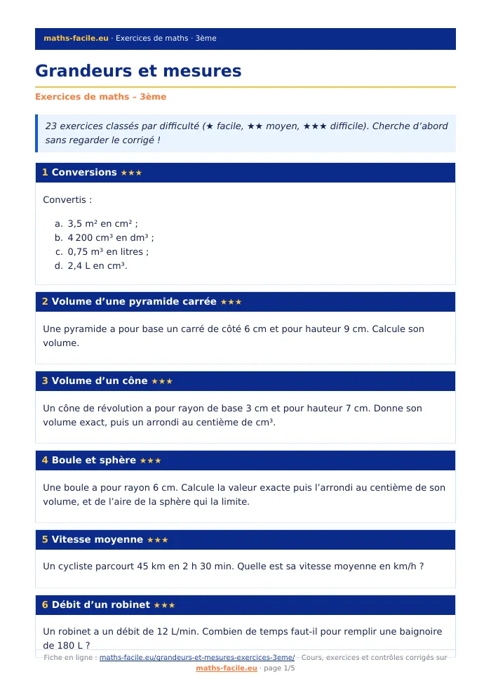 Fiche PDF : Grandeurs et mesures (3ème)