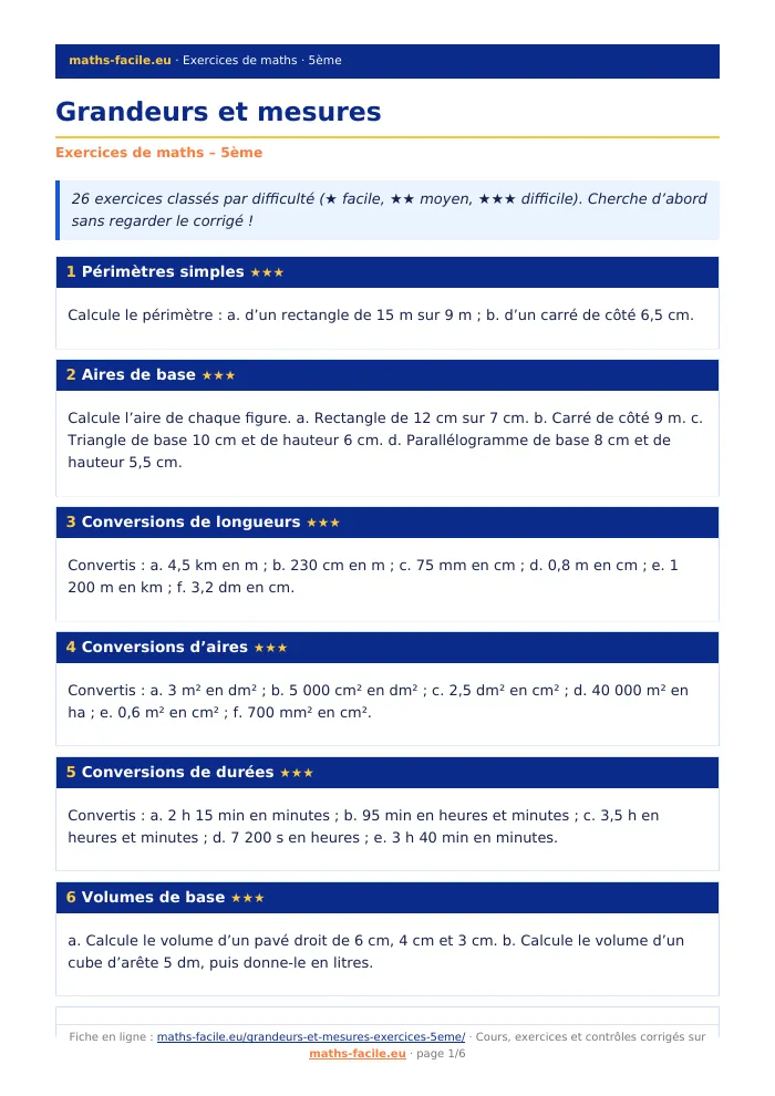 Fiche PDF : Grandeurs et mesures (5ème)