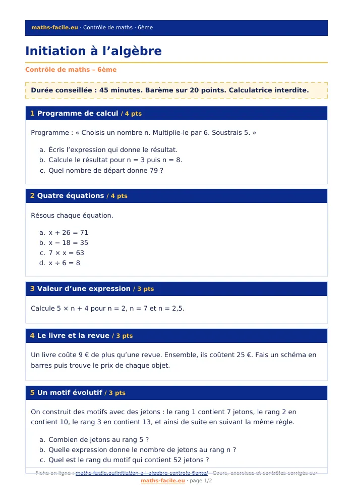 Fiche PDF : Initiation à l’algèbre (6ème)