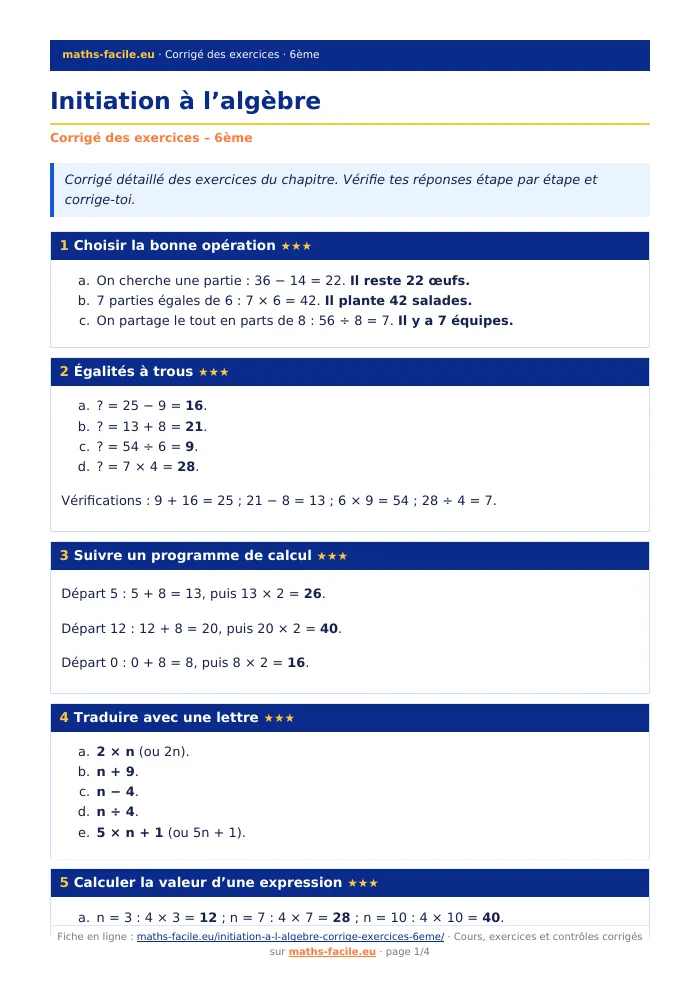 Fiche PDF : Initiation à l’algèbre (6ème)