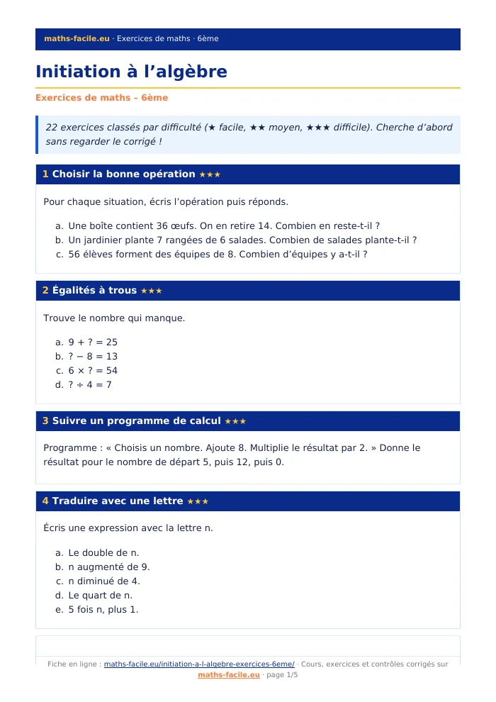 Fiche PDF : Initiation à l’algèbre (6ème)