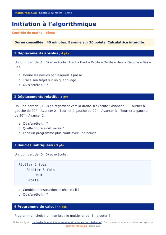 Fiche PDF : Initiation à l’algorithmique (6ème)