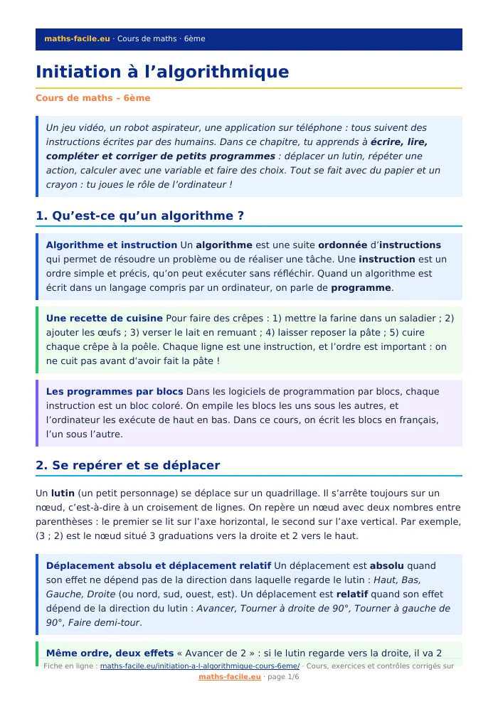 Fiche PDF : Initiation à l’algorithmique (6ème)
