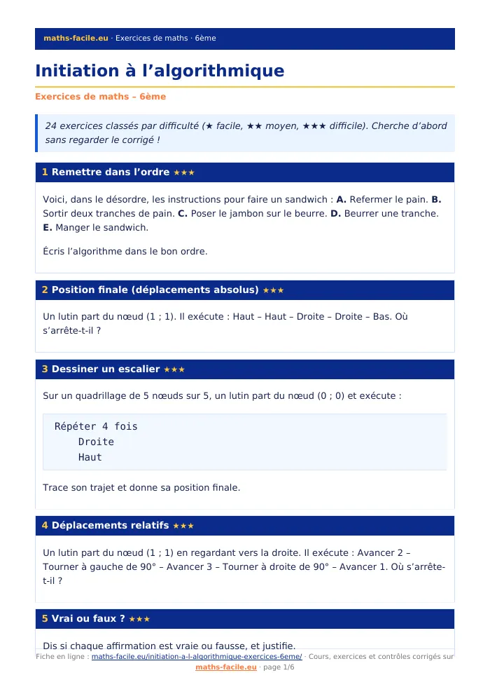 Fiche PDF : Initiation à l’algorithmique (6ème)
