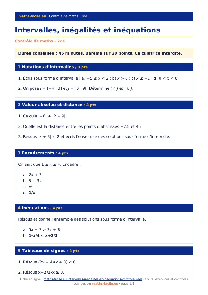 Fiche PDF : Intervalles, inégalités et inéquations (2de)
