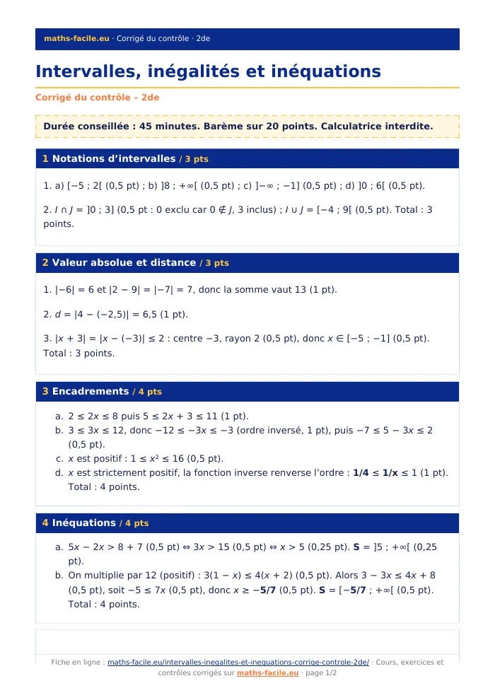 Fiche PDF : Intervalles, inégalités et inéquations (2de)