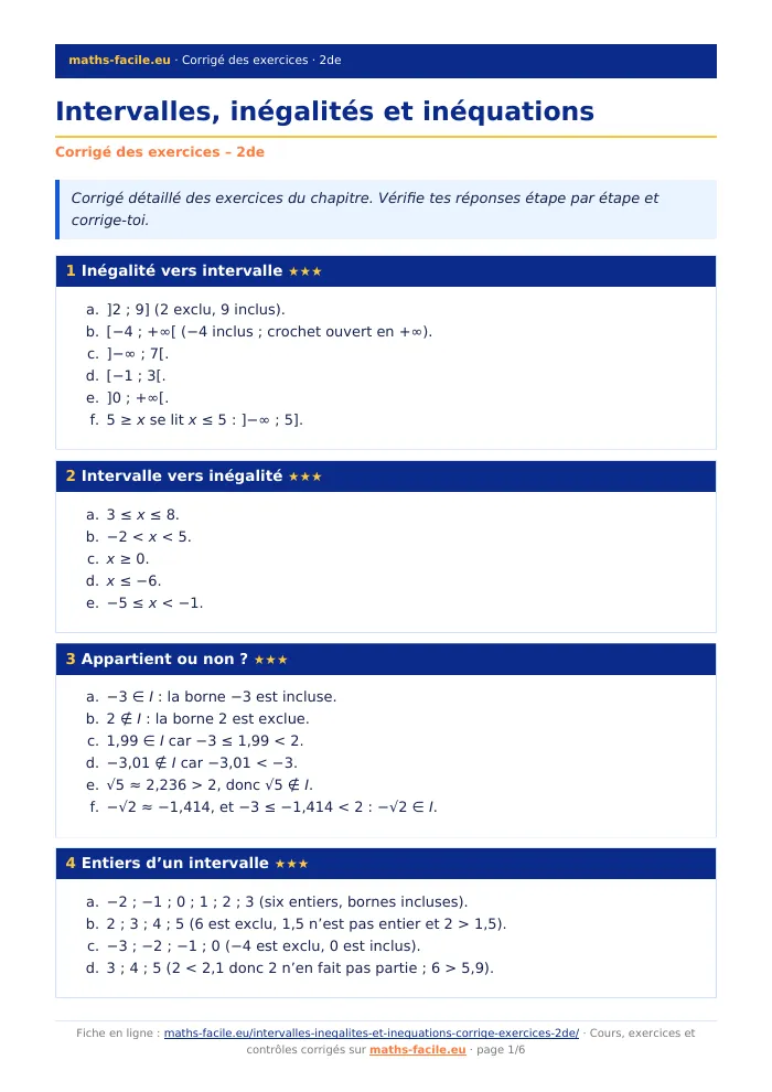 Fiche PDF : Intervalles, inégalités et inéquations (2de)