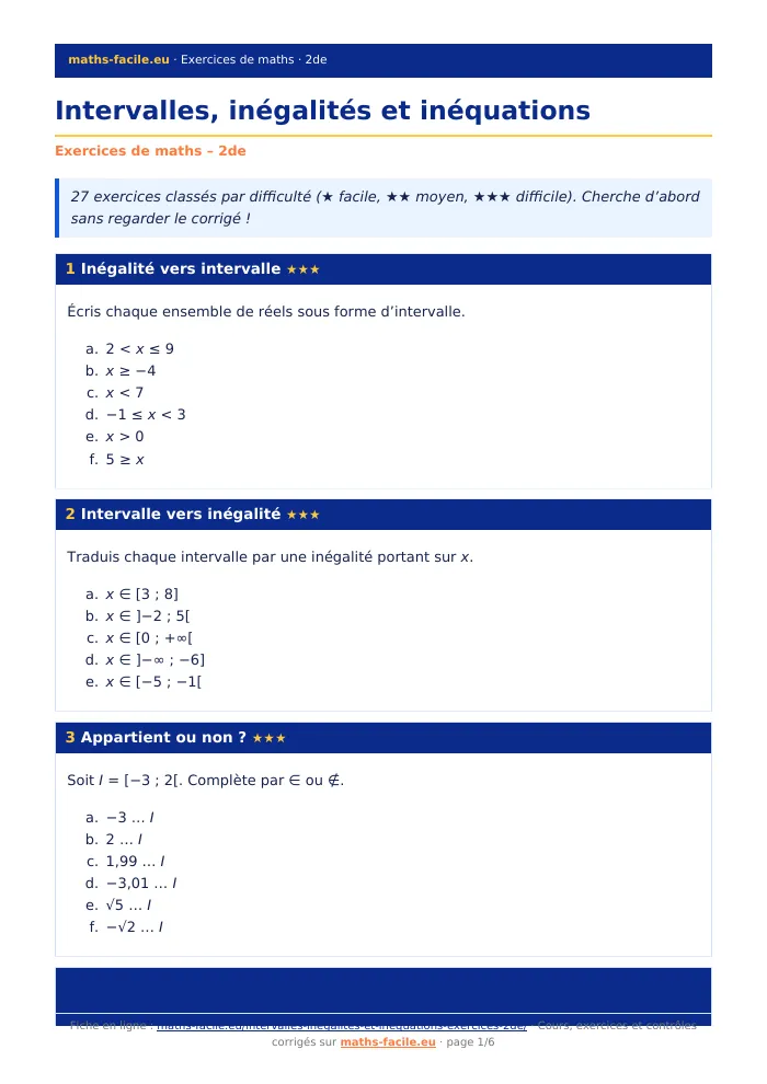 Fiche PDF : Intervalles, inégalités et inéquations (2de)