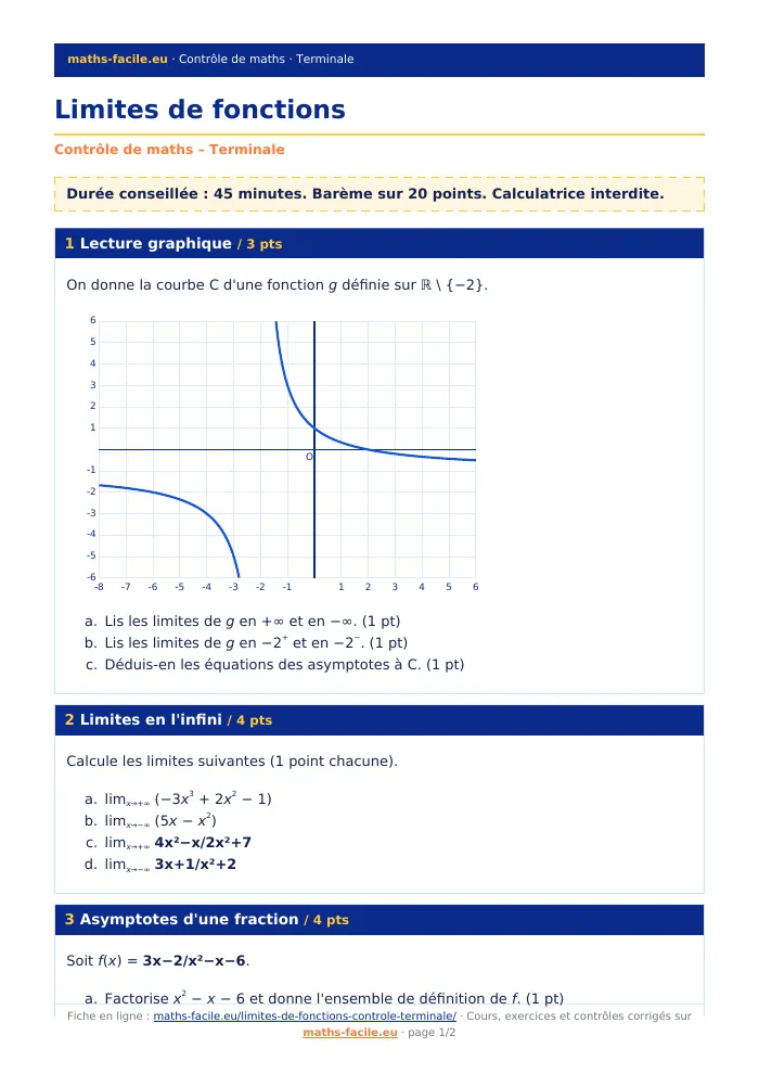 Fiche PDF : Limites de fonctions (Terminale)