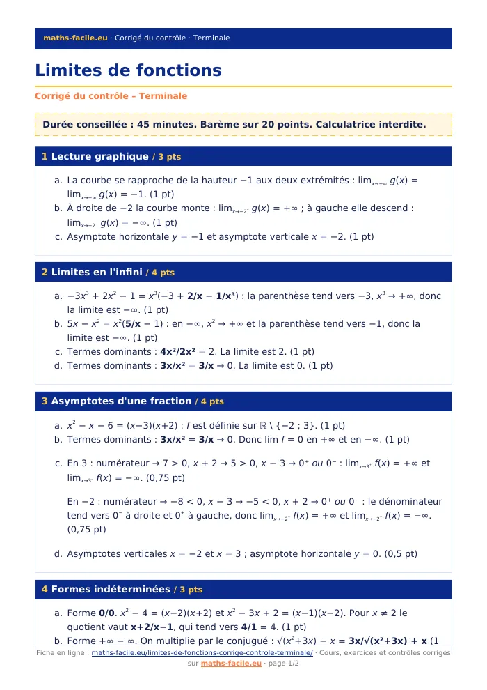 Fiche PDF : Limites de fonctions (Terminale)