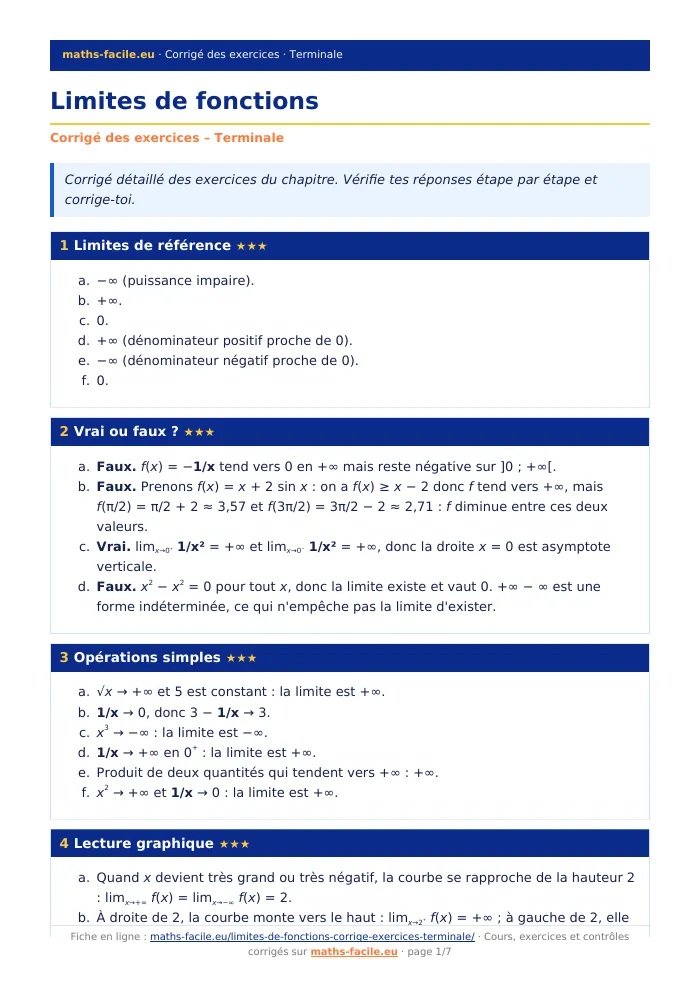 Fiche PDF : Limites de fonctions (Terminale)