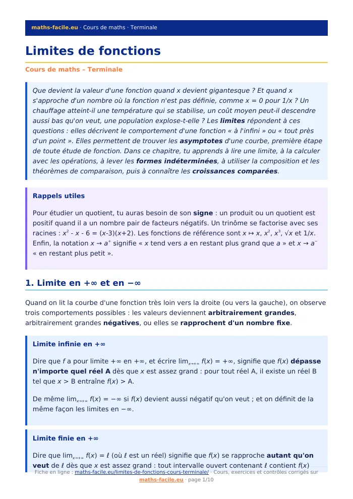 Fiche PDF : Limites de fonctions (Terminale)