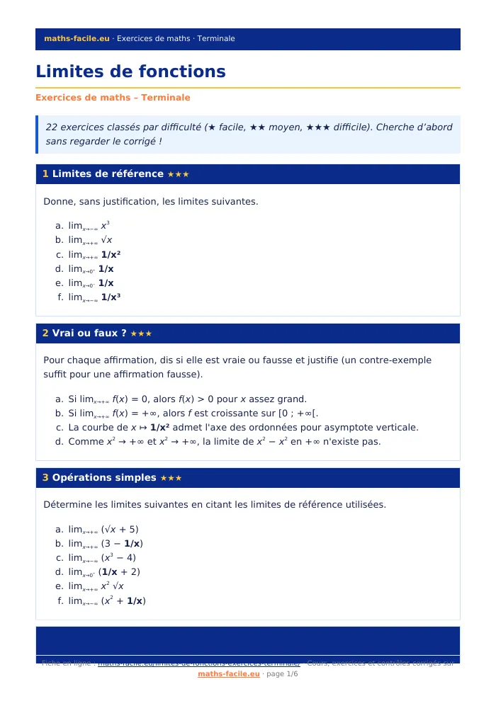 Fiche PDF : Limites de fonctions (Terminale)