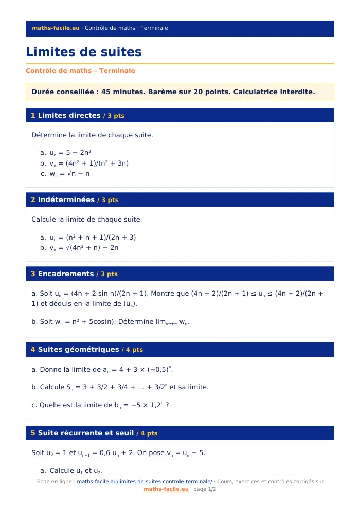 Fiche PDF : Limites de suites (Terminale)