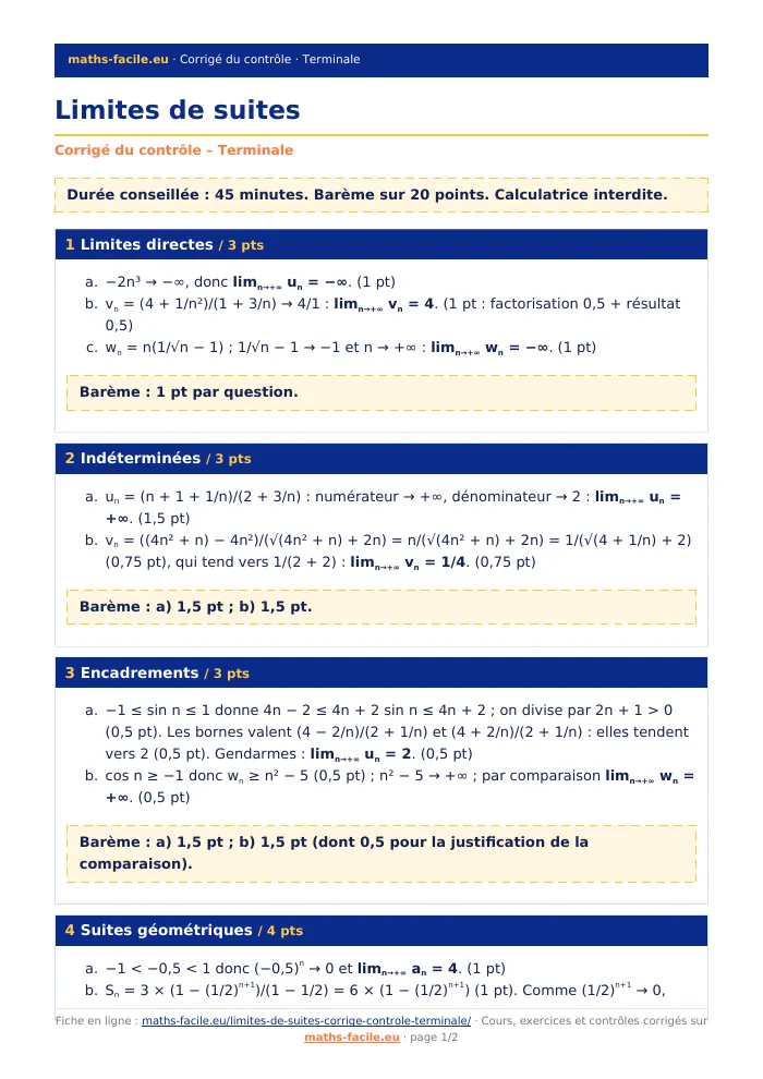 Fiche PDF : Limites de suites (Terminale)