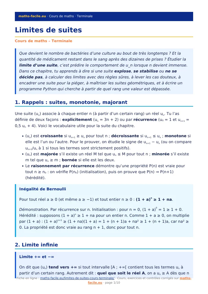 Fiche PDF : Limites de suites (Terminale)