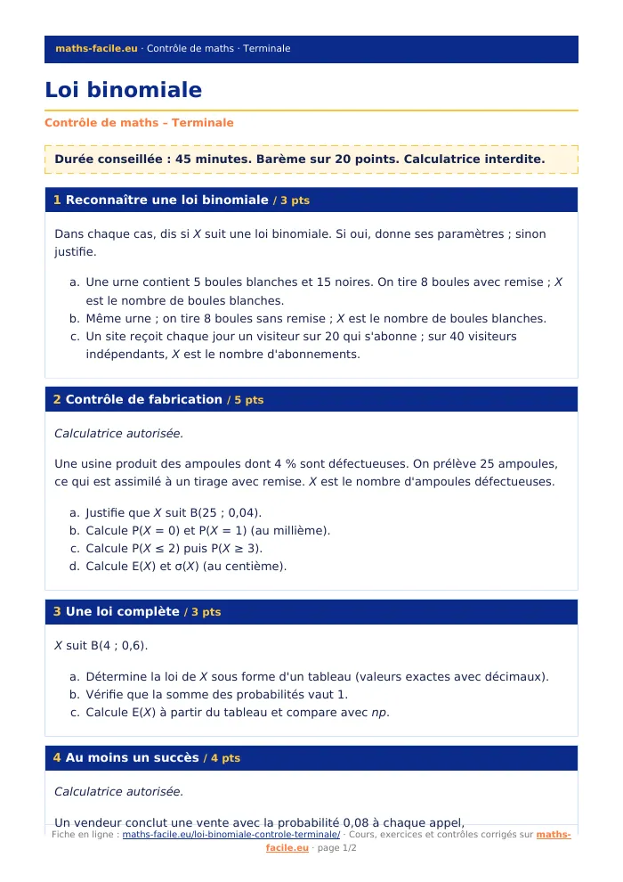 Fiche PDF : Loi binomiale (Terminale)