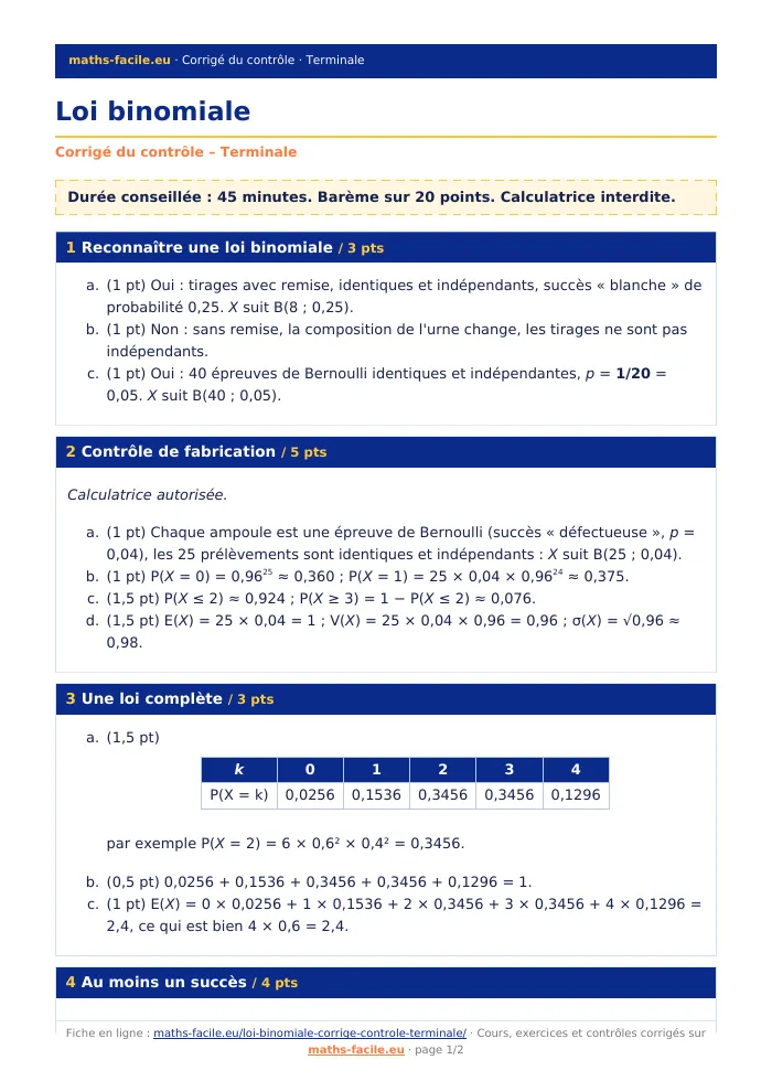 Fiche PDF : Loi binomiale (Terminale)