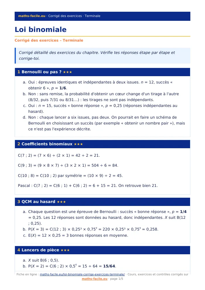 Fiche PDF : Loi binomiale (Terminale)