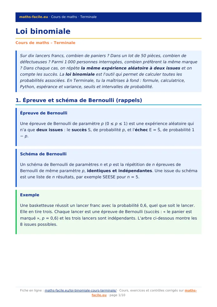 Fiche PDF : Loi binomiale (Terminale)
