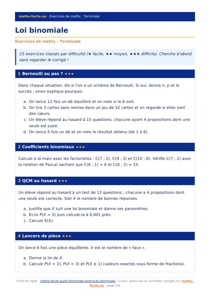 Fiche PDF : Loi binomiale (Terminale)