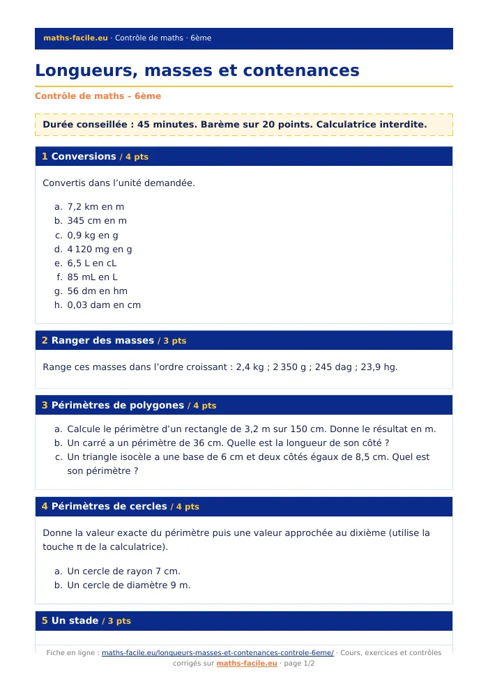 Fiche PDF : Longueurs, masses et contenances (6ème)