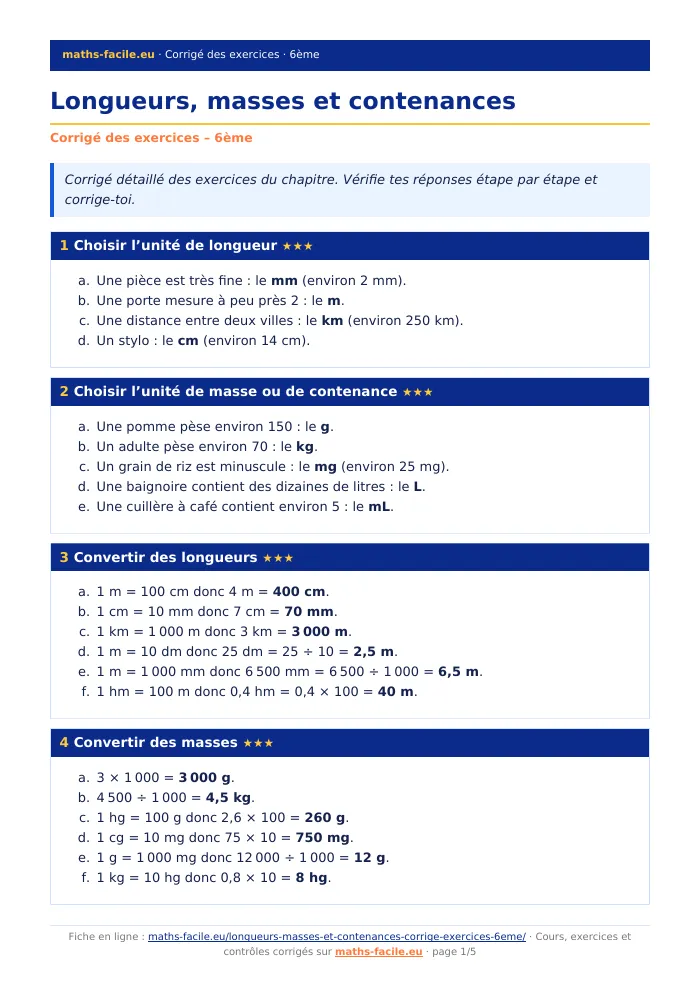 Fiche PDF : Longueurs, masses et contenances (6ème)