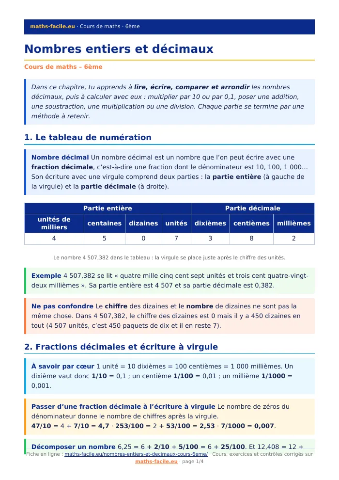 Fiche PDF : nombres entiers et décimaux (6ème)