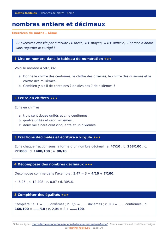 Fiche PDF : nombres entiers et décimaux (6ème)