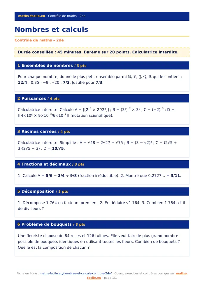 Fiche PDF : Nombres et calculs (2de)