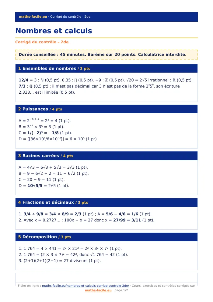 Fiche PDF : Nombres et calculs (2de)