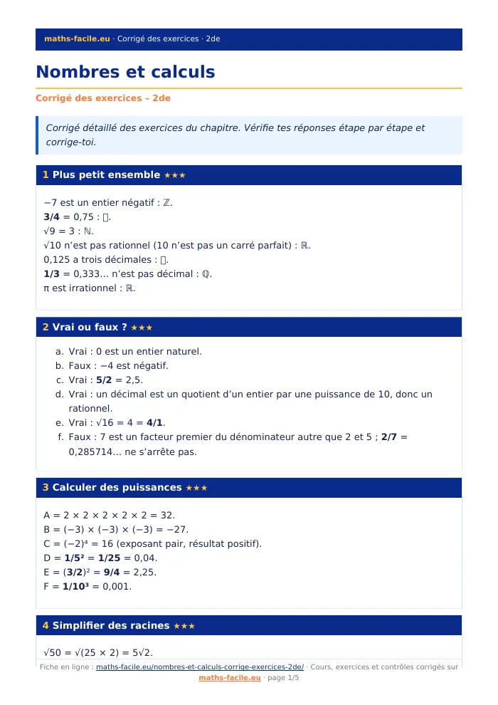 Fiche PDF : Nombres et calculs (2de)