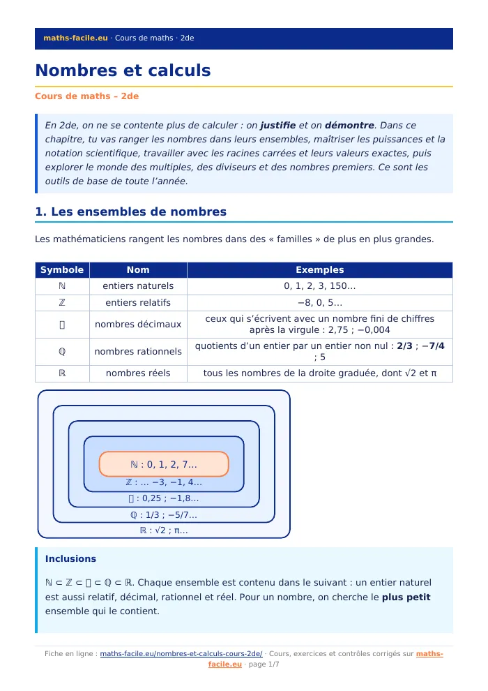 Fiche PDF : Nombres et calculs (2de)
