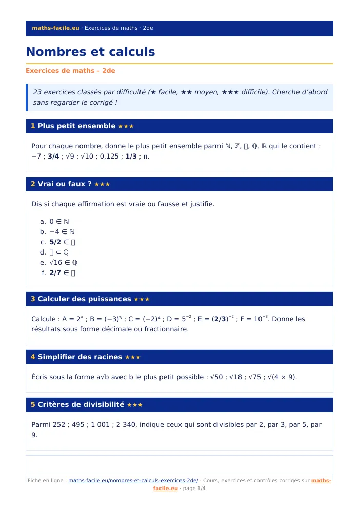 Fiche PDF : Nombres et calculs (2de)