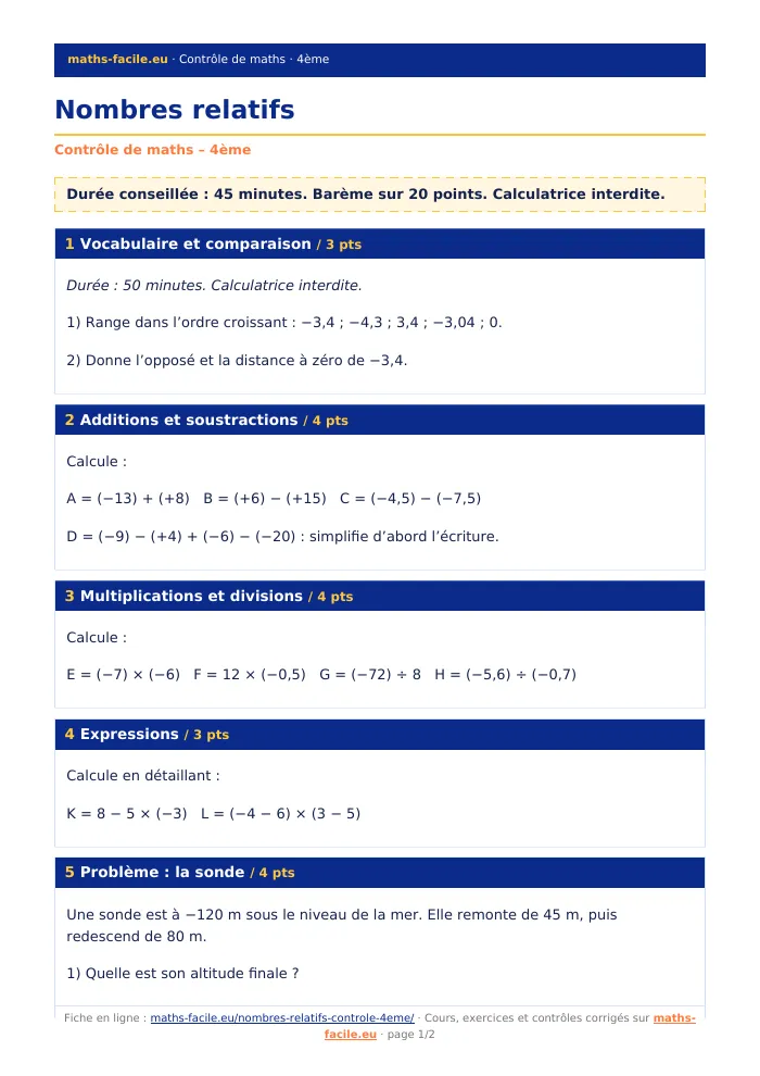 Fiche PDF : Nombres relatifs (4ème)